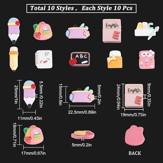 SUNNYCLUE 100Pcs 10 Styles School Cabochons Resin Charms Back to School Supplies Pencil Eraser Blackboard Ruler 3D Cabochons for Embellishments Flat Back Scrapbooking Hair Clips DIY Crafts for Adult
