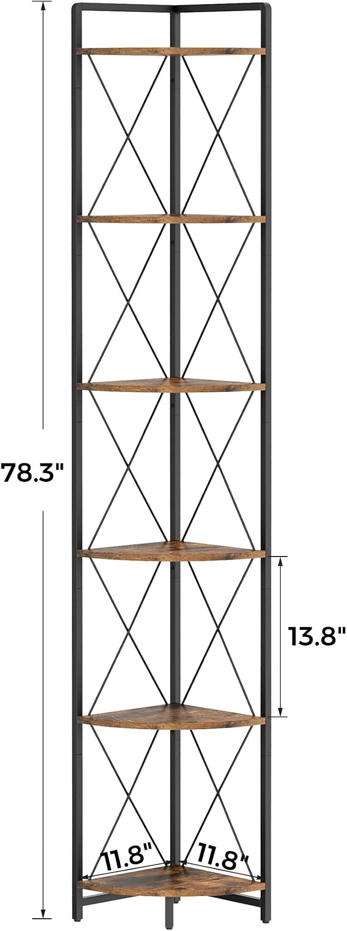6 Tier Corner Shelf Stand, 78" H Tall Corner Bookshelf, Rustic Brown | Industrial Metal Corner Shelf for Living Room Decor, Plant Stand Display Shelf for Bedroom, Bathroom, Small Spaces