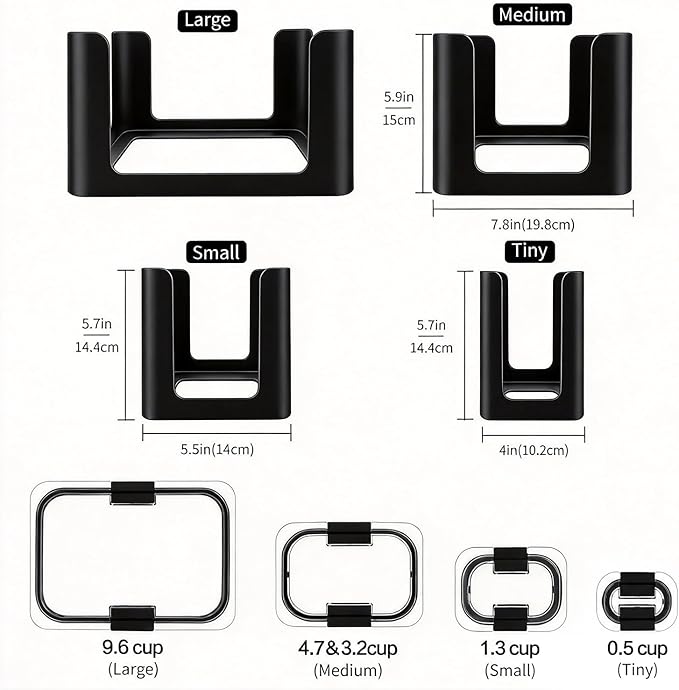 Food Storage Container Lids Organizer for Rubbermaid Brilliance Nap-On Lids,Stackable Food Storage Container Lid Organizer--Fits 0.5, 1.3, 3.2, 4.7 & 9.6 Cups--Holds 32 Lids(Black,4-Piece Bundle)