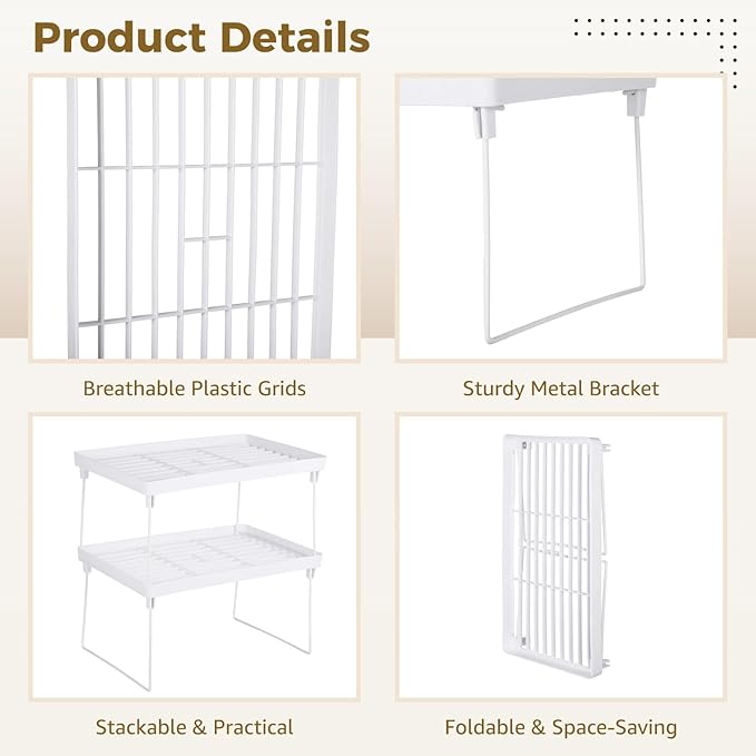 Homaisson 6 PCS Cabinet Storage Shelf Rack, Foldable Cabinet Organizer Shelf, White Stackable Plastic Kitchen Storage shelves Foldable Rack for Kitchen, Fridge, Bathroom
