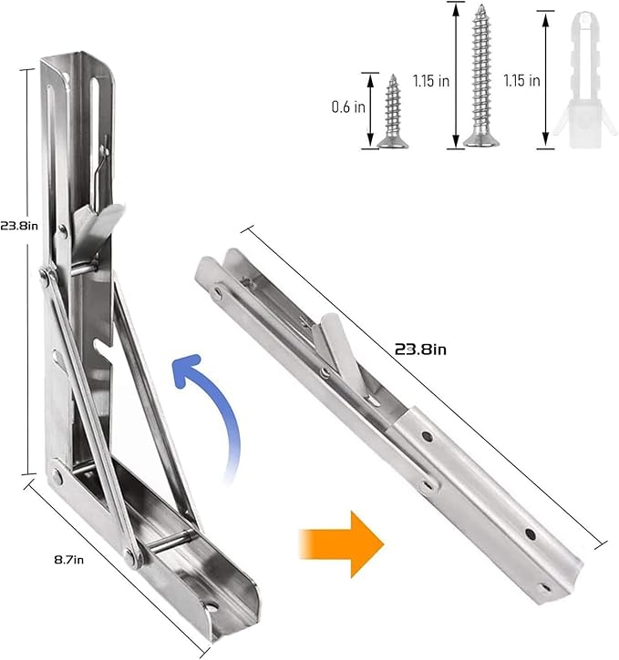 Folding Shelf Brackets 24 inch 2 Pcs Max. Load 550lb - Heavy Duty Stainless Steel DIY Wall Mounted Shelf Brackets Space Saving for Table Work Bench, Garage Workstation, Stuff Supports, Plant Stand