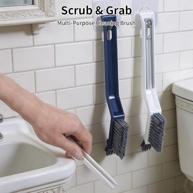 3-in-1 Grout Brush and Crevice Cleaner,with V-Shaped Bristles & Hair Clip-Multi-Surface Gap Cleaning Tool for Bathroom Tiles,Kitchen,Window Tracks,and Narrow Corners (Blue)