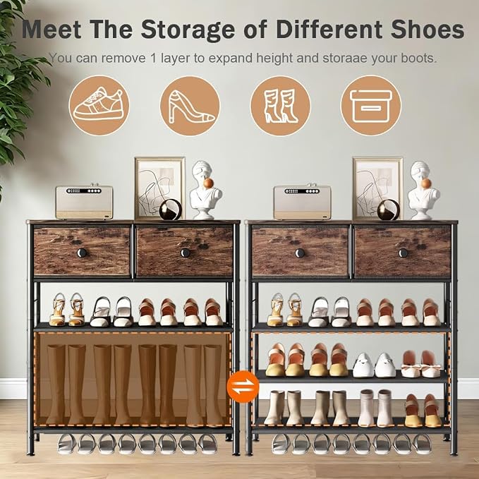 INGIORDAR 5 Tier Shoe Rack Storage Organizer with 2 Drawers MDF Board | Metal space-saving Shoe Shelf stores 16 Pairs of Shoes for Closet Entryway Bedroom Living Room Garage Black+Rustic Brown