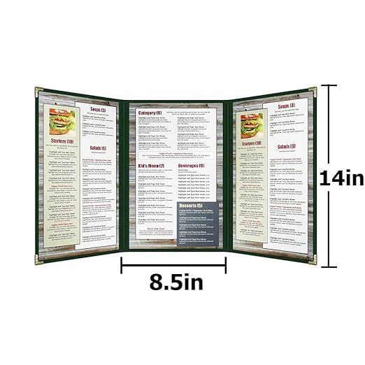 Goodsmart Restaurant Menu Covers – 25 Pack Green 6-View Trifold 8.5" x 14", Side-Loading Vinyl & Plastic Menu Holders, Clear Menu Sleeves, Leather-Style Café Covers with Gold Corners