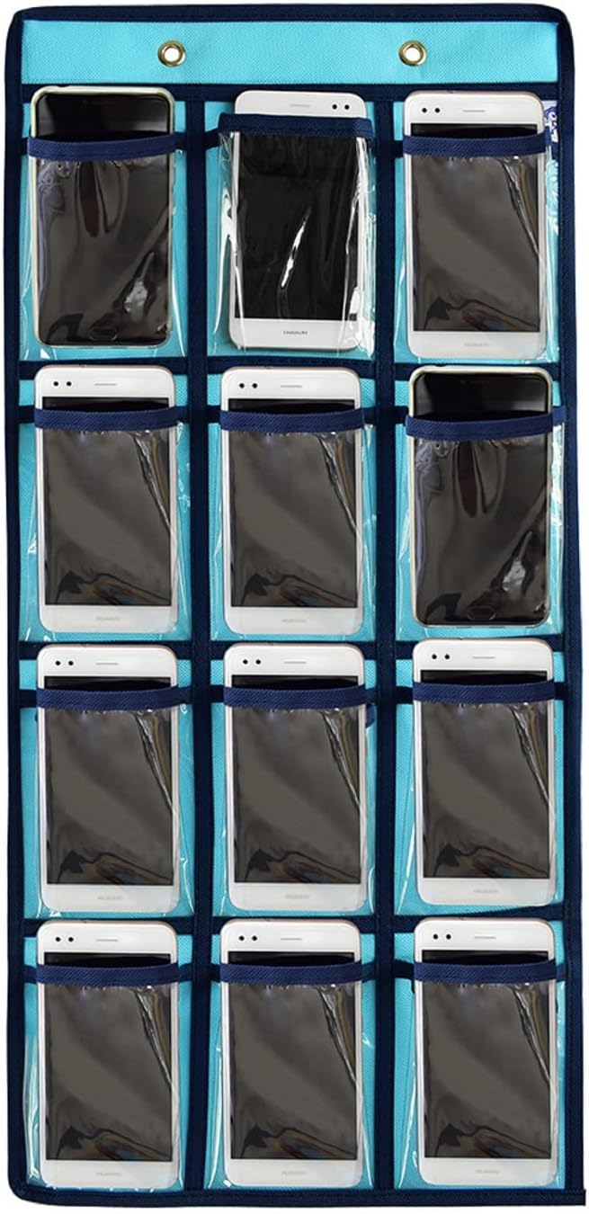 2 Pcs Classroom Pocket Chart Cell Phone Organizer Calculator Holder Over The Door Hanging Storage for Sock Underwear Jewelry with 12 Clear Pockets (Blue)