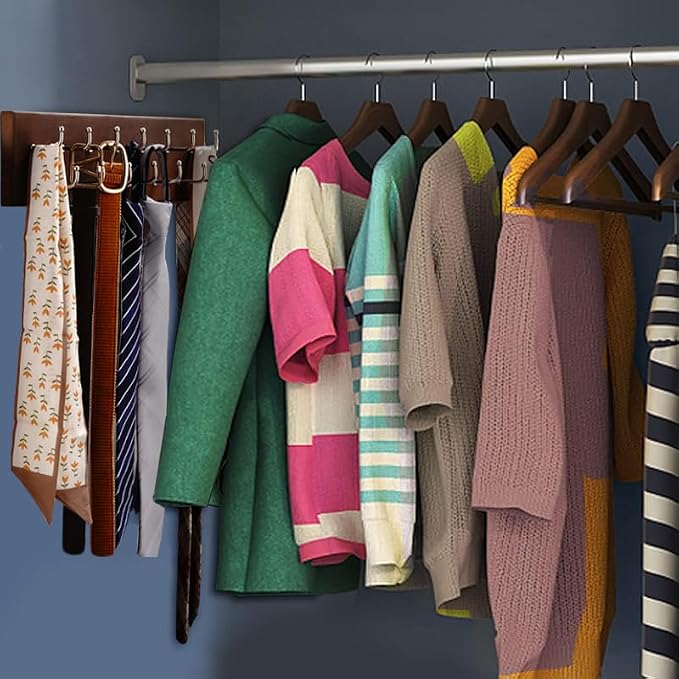 Treehouse Belt Organizer Rack, Holds Over 28 Large Belts, Sturdy Metal & Sturdy Wood Storage Holder for Closet, Versatile, Wall Mounted Belt & Tie Display Hanger for Bedroom - (Walnut) 4.25''Hx16''L