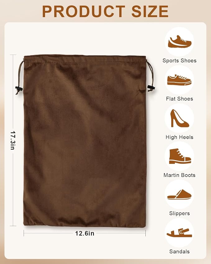 4 Pcs Shoe Bags for Travel, Dust Velvet Bag, Mocha Mousse, 17.3x12.6 Inch | Washable & Reusable Travel Shoe Bags, Dustproof Shoe Bags with Drawstring Closure, Suitable for Travel, Home Storage