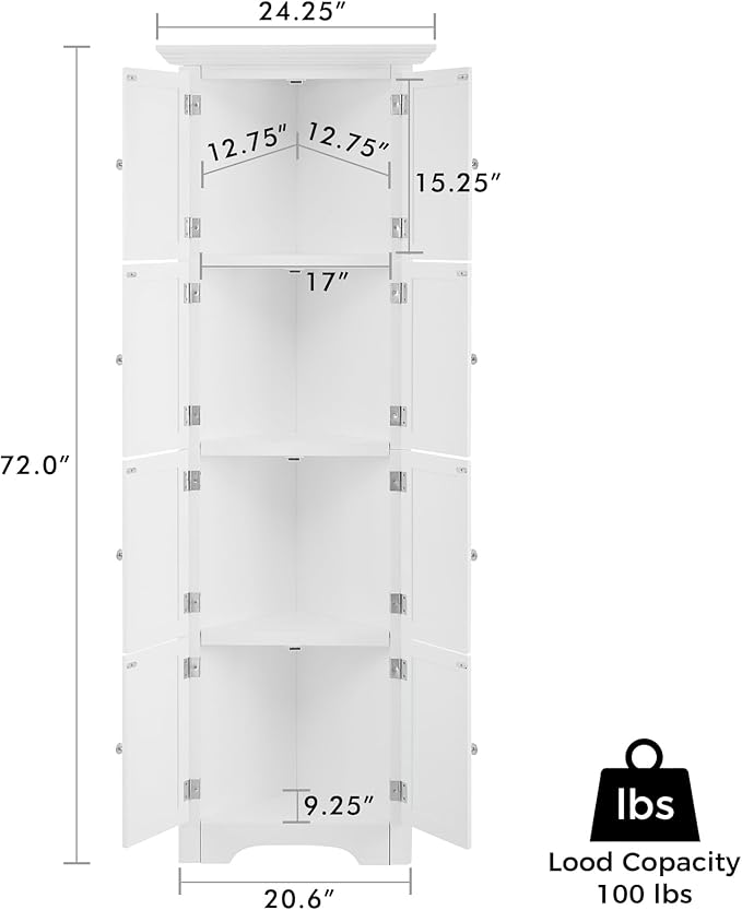 Tall Corner Bookcase Storage Cabinet with Doors and 4 Shelves, Freestanding Triangle Cabinet for Living Room, Kitchen, Office, Small Space, Floor Corner Storage Rack (White)
