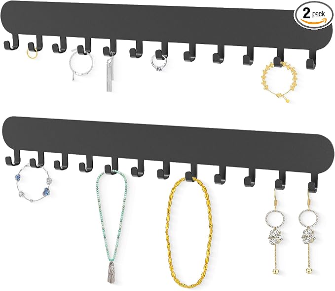 Necklace Holder - Wall Hanging Jewelry Organizer | Self-Adhesive Wall Mounted for Necklaces, Bracelets, 2 Pack, Black