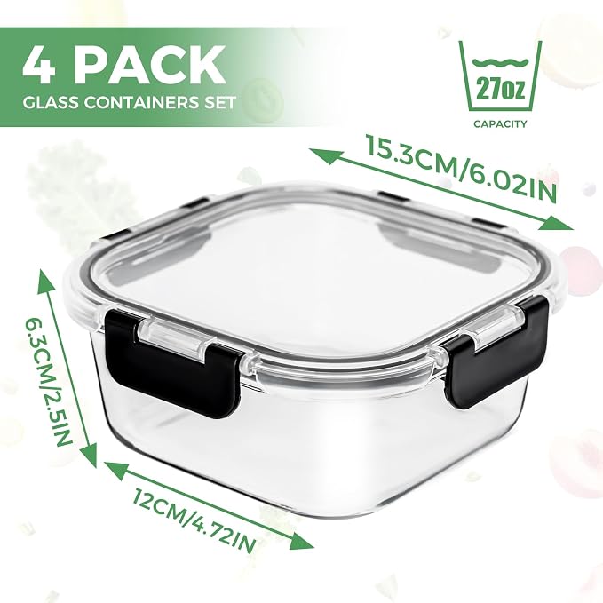 4Pack 27 oz Glass Meal Prep Containers wtih Lids | Glass lunch containers, Snap Containers, Leekproof, Microwave, Oven, Freezer and Dishwasher, BPA Free