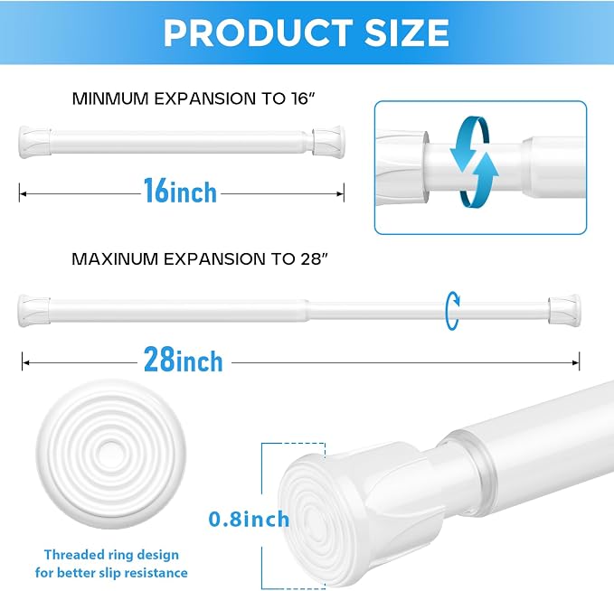 6 Pack Small Tension Rod 18 to 28 Inch White Tension Curtain Rod Adjustable Spring Curtain Rods No Drilling Expandable Pressure Short Curtain Rods for Windows,Closets,Doorway,Kitchen