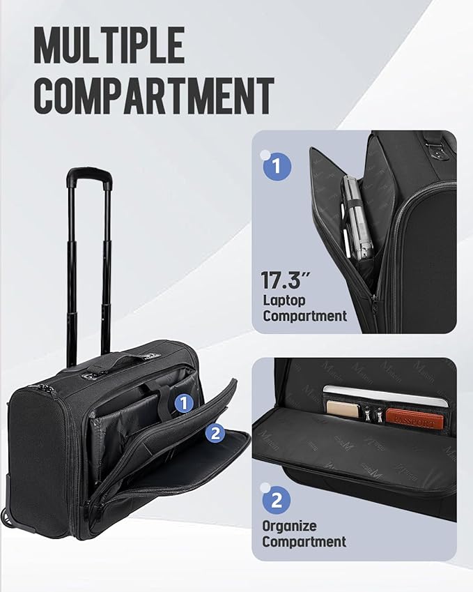 MATEIN Carry On Garment Bag with Wheels, Wheeled Garment Travel Suit Bag | For Airline Travel, 2 Packing Cubes, 22x14x9, Business 2 Wheel Luggage Suitcase, Fits 17.3" Laptop, For Men Women, Black