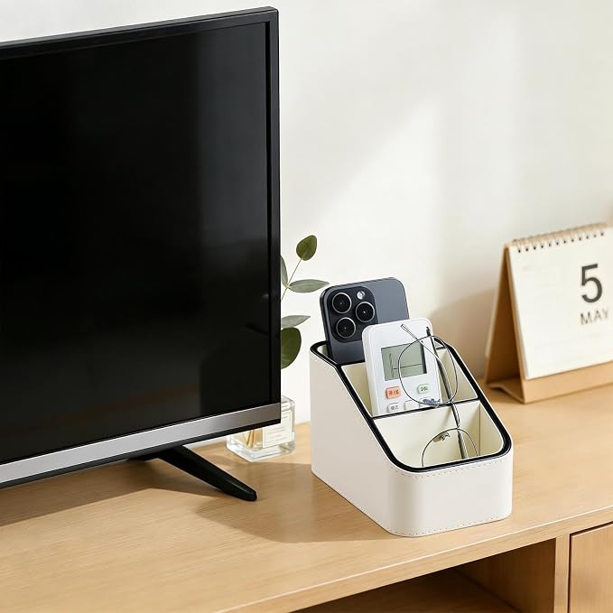 3 Compartments PU Leather Remote Control Holder, TV Remote Holder for Couch | Small Pen Desk Organizer for Office Bedside Living Room, Remote Caddy Nightstand Organizer