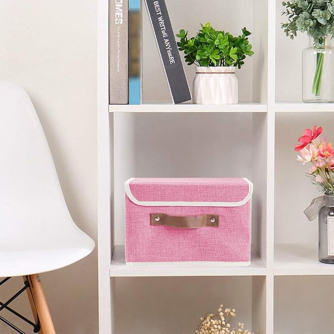 2Pack Storage Bins Boxes with Lids 10" x 8" x 7" Decorative Storage Baskets | Cotton Linen Fabric, Collapsible, Faux Leather Handles, Storage Cubes, Closet Shelf Clothes Organizer Container, Pink