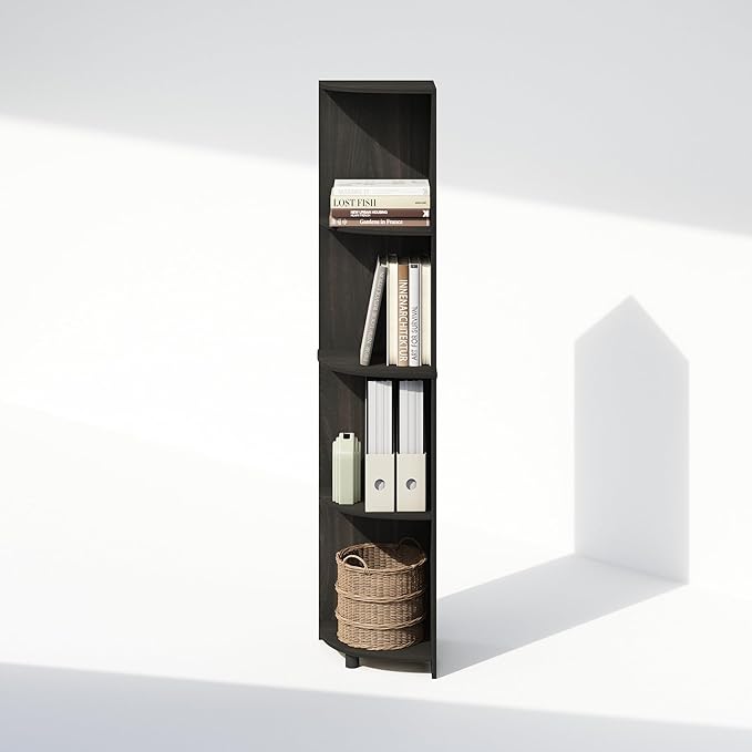 Furinno Basic Book Shelf, 4-Tier Bookshelf, Bookcase with Corner Shelf, 12 x 12 x 57.1, for Living Room, Bedroom, Home Office, Espresso