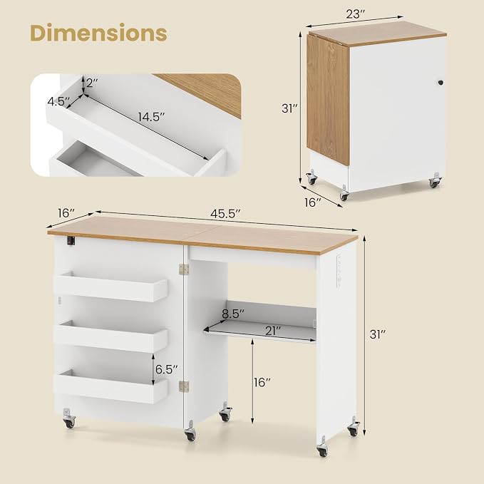 Giantex Folding Sewing Table with Charging Station, Storage Trays & Shelf | Rolling Craft Table with Lockable Wheels, Foldable Sewing Machine Cabinet Desk for Small Spaces, Dorms, White & Natural