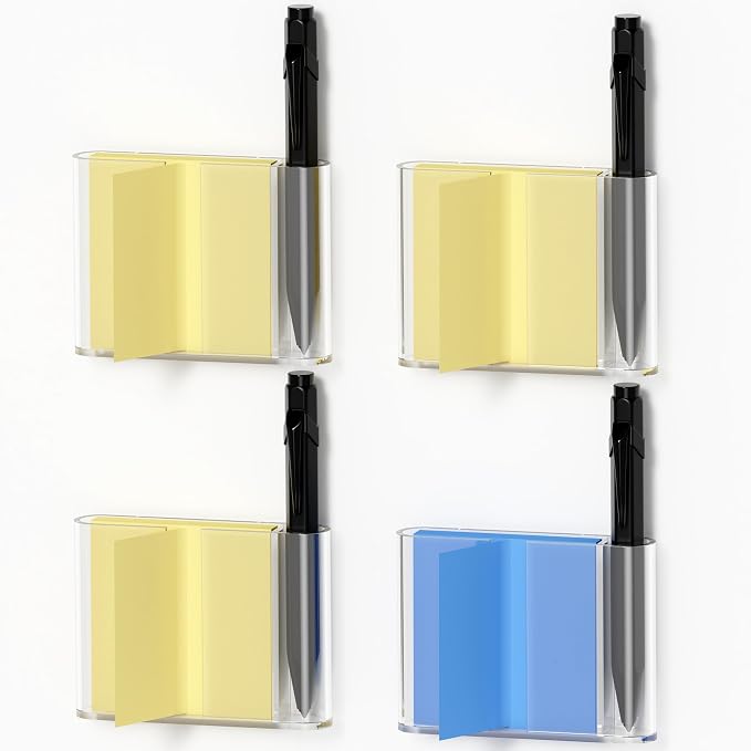 4 Pack Acrylic Sticky Note Dispenser, Magnetic Sticky Note Holder for Post It Notes, 3 x 3 Inch Sticky Note Pen Organizer for Office Home Classroom