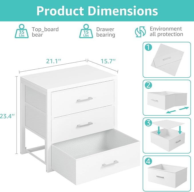 BOLUO Closet Drawers White Fabric 3 Drawer Dresser for Closet Organizers and Storage Bedroom Dorm Modern