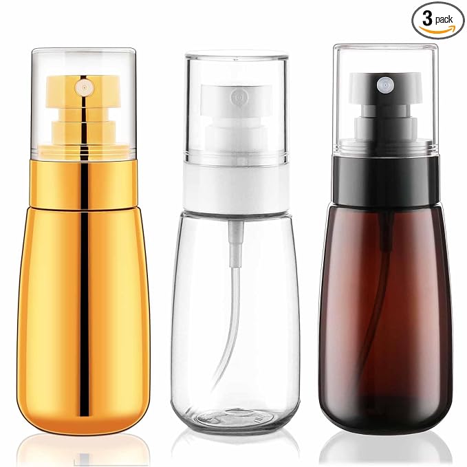 Cosywell Travel Spray Bottle TSA Approved 3 Pack 2oz 60ml Leak Proof Fine Mist Spray Bottle Empty Plastic Refillable Containers for Hair Perfume Toners Rose Water Cosmetics(Brown+Clear+Glod)