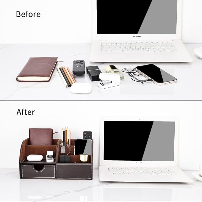 KINGFOM Pu Leather Desk Organizer Pen Pencil Holder Office Supplies Caddy Storage Box 6 Compartments with Drawer Brown