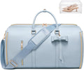Travel Duffel Bag, Convertible Travel Garment Bag for Women, Fashion & Cute Carry On Duffle Bag w/Shoes Pouch, 2 in 1 Foldable PU Leather Hanging Duffle Bag, Single-Zipper Design, Blue