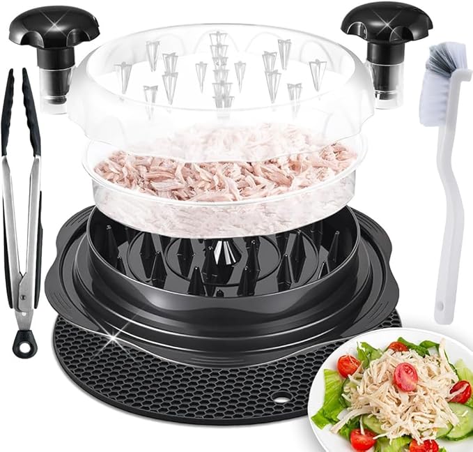 Large Chicken Shredder Tool Twist Equipped with Middle Tray, Including 1 x Anti-slip Silicone Mat, 1x Kitchen Tongs and 1x Cleaning Brush, Suitable for Pork Beef‬ Chicken‬ Breast (Black)