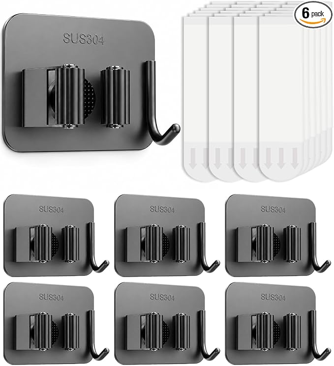 6Pcs Broom Holder Wall Mount With Hooks, Damage-Free Broom And Mop Organizer Wall Hanging, Heavy Duty Self Adhesive Broom Hanger Clips Storage Rack For Garden, Laundry Room Tools, SUS 304, Matte Black