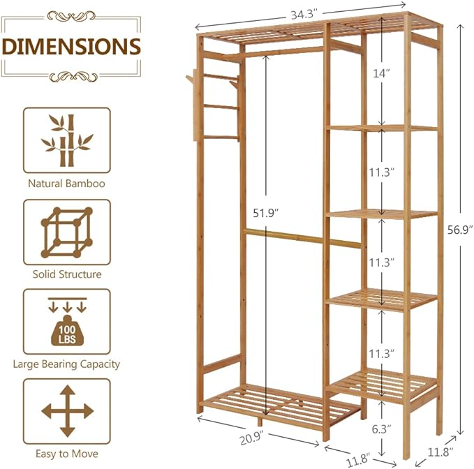 Ufine Bamboo Garment Rack with 6 Tier Storage Shelves & Hanging Rod | Heavy Duty Clothes Hanging Stand with Side Hooks, Portable Wardrobe Closet Organizer