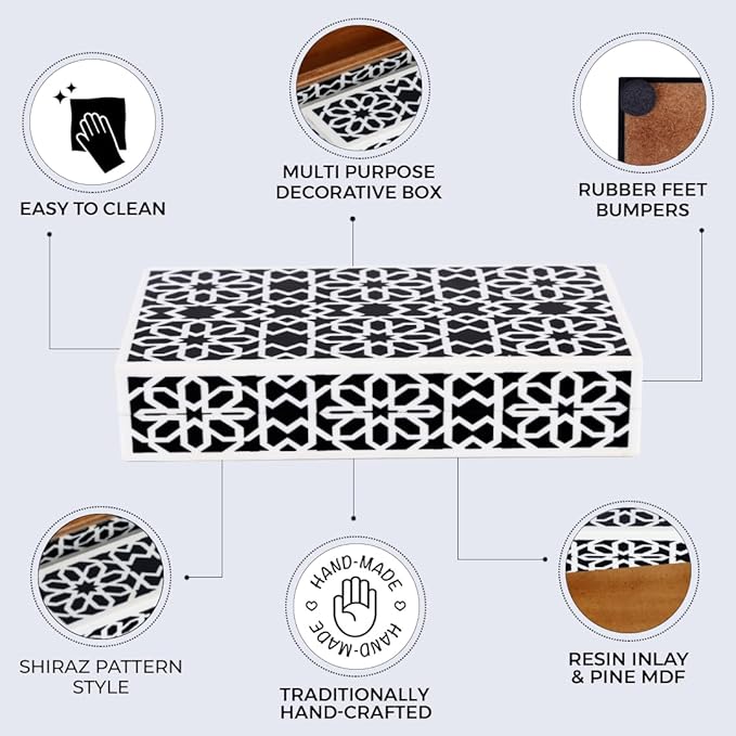 Handicrafts Home Decorative Storage Box with Lid, Black White Islamic Floral Geometry Remote Control Box, Slim Persian Mosaic Storage Box for Shelf, Desk & Living Room Decor, Shiraz 8 x 6 x 1.5