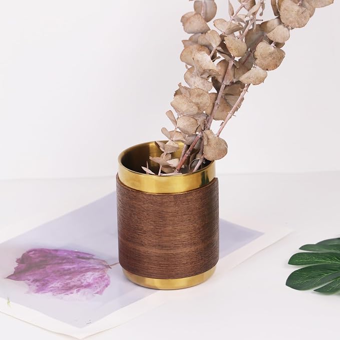 MultiBey Gold Pencil Holder Cup, Luxury Walnut Pen Holder Metal Organizer Small Vase, Offices Stationery Makeup Brushes Holder Decoration Desk Accessory for Office Home | Offices Stationery Makeup Brushes Pen Cup Decoration Desk Accessory for Office Home