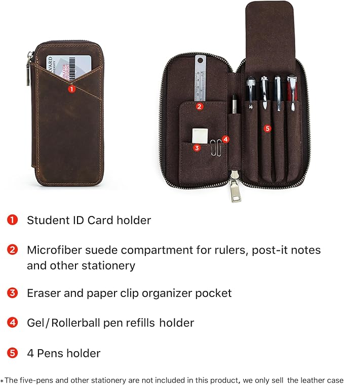 CONTACTS Full Grain Crazy Horse Leather Pencil Case Handmade Vintage Zipper Pen Holder Pouch with Card Slot Pens Organizer Pockets Stationery Bag for Men