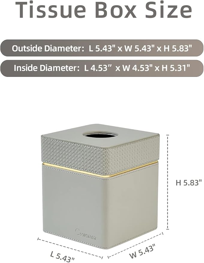 Tissue Box Holder Cover Square, Modern PU Leather Decorative Tissue Cube Holder Organizer - Woven Pattern Grey