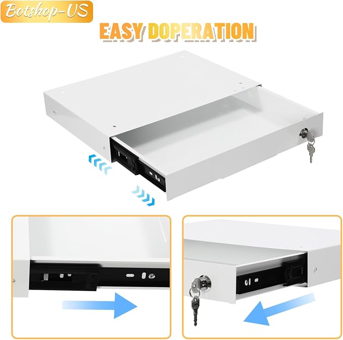 14" Under Desk Mounted Drawer, White Slide Out Pull-out Drawer Attachable Storage Drawers, Lockable Under Drawers for Sit Workstation Office