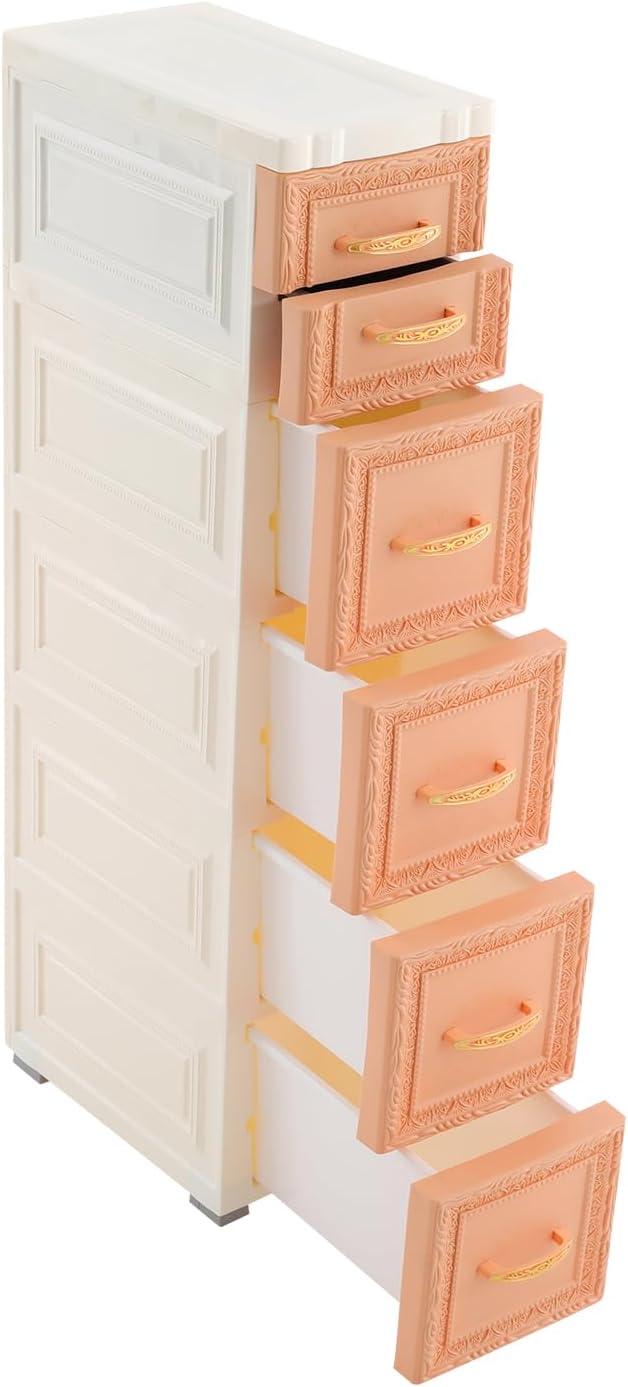 Storage Cabinet, 6 Drawers Narrow Plastic Organizer Cabinet with Wheels, Vertical Drawer Storage Unit, Mobile Slim Utility Furniture for Office, Living Room, Bedroom, Garage (Khaki)