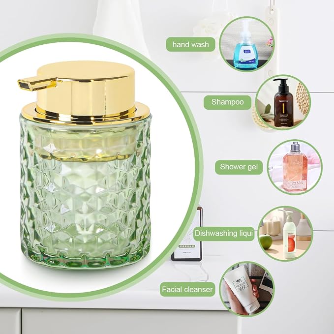 10 Oz Glass Hand Soap Dispenser with Pump, Refillable Bathroom Gold Foaming Soap Dispenser, Vintage Glass Diamond Lotion Container Bottle for Bathroom and Kitchen (1, Green and Gold)
