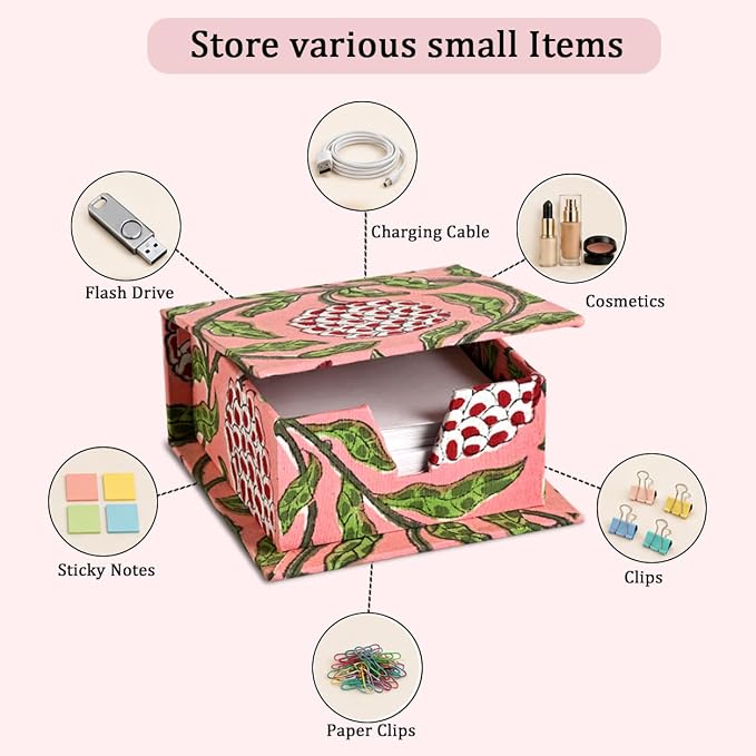 Ridhi Block Print Strawberry Pink Sticky Note Holder Box for Desk, Aesthetic Memo Pad Organizer, Sticky Note Box Decorative Office Accessory, Stationery Gift for Teachers, Students, Professionals