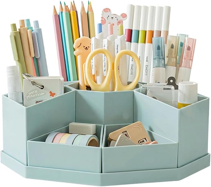 360 Degree Rotating Desk Organizer Caddy with 9 Compartments, Large Capacity Detachable Pencil Holder for Desk, Multifunctional Desktop Storage for Office, School, Home, Dressing Table, Blue