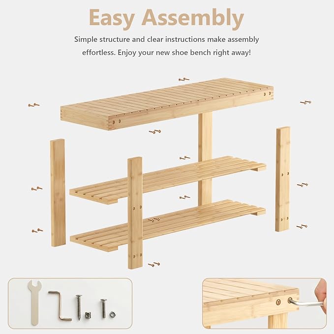 NEWBULIG Shoe Rack Bench, 3-Tier Bamboo Shoe Organizer, Wooden Entryway Storage Bench, 286 lb Load Capacity, 11.2x19.7x17.9 Inches, for Entryway Bathroom Bedroom Balcony, Wood