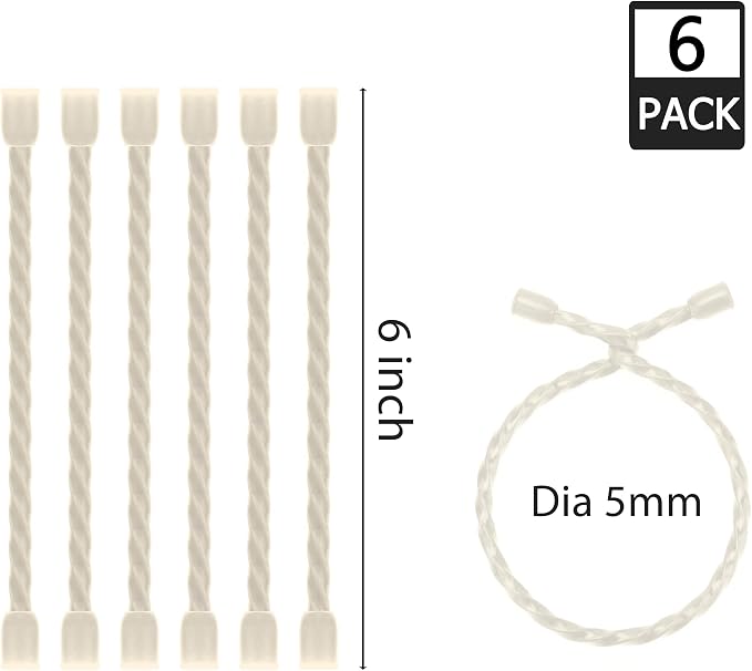6 PCS 6-Inch Silicone Cable Ties Dia 5mm - Reusable Rubber Twist Ties Bendable Cable Ties for Bundling and Holding, All Purpose Steel-Core Cord Tie for Indoor and Outdoor (White)