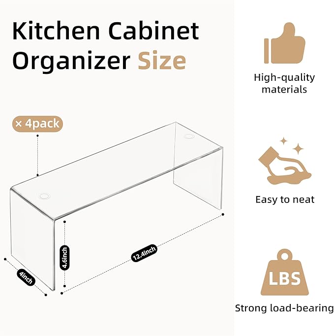 Aminigram 4 Packs Cabinet Organizer Shelf, Acrylic Kitchen Counter Shelves Organizer, Spice Rack for Dishes, Spices, Soda Cans and Bottles（12.4 x 4 x 4.6 inch）