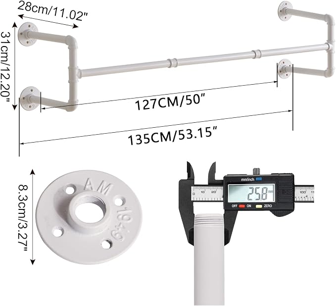 IBUYKE Industrial Pipe Clothes Rack Set of 2, 50 Inch Wall Mounted Clothing Rack, Space-Saving Hanging Closet Rod, Heavy Duty Multi-Purpose Garment Rack for Laundry Room(4 Bases), White TYJ002W-2