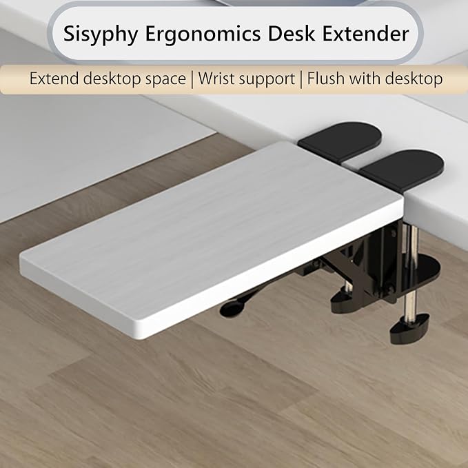 Sisyphy Ergonomics Desk Extender Tray, 11.8x5.9" Punch-Free Clamp on, Foldable Keyboard Drawer Tray, Table Mount Arm Wrist Rest Shelf, Computer Elbow Arm Support