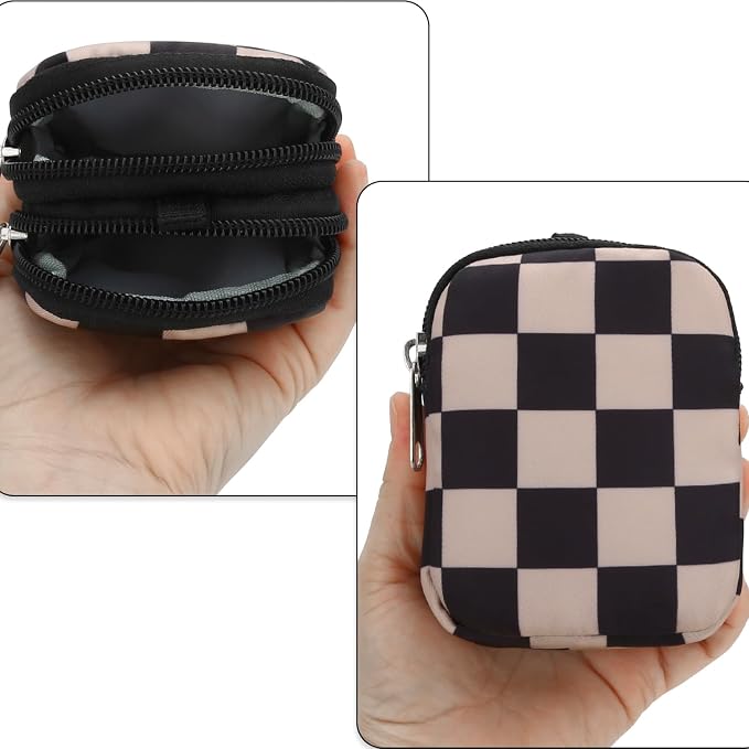 E-Tree Coin Purse with Carabiner Clip, Dual Layer Card Case Holder, Mini Pouch for AirPod Earphone Keychain USB Cable,Wallet, Small Accessories Organizer Bag for Women and Men (Brown Checkered)
