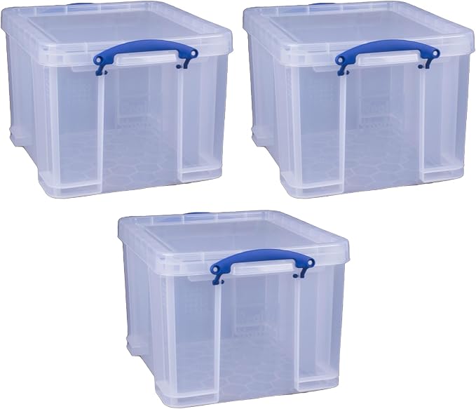 Really Useful Box 3-Pack Clear Stackable Storage Containers with Snap Lids, 32 Liters - Plastic Organizer Bins with Clip-Lock Handles for Home, Bedroom, Closet, Bathroom, Garage, and Office