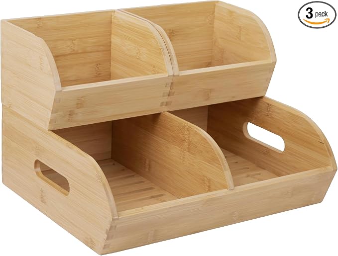 Potato and Onion Storage Bin for Pantry and Kitchen Counter - Ventilated Stackable Bamboo Organizer Baskets with Handles