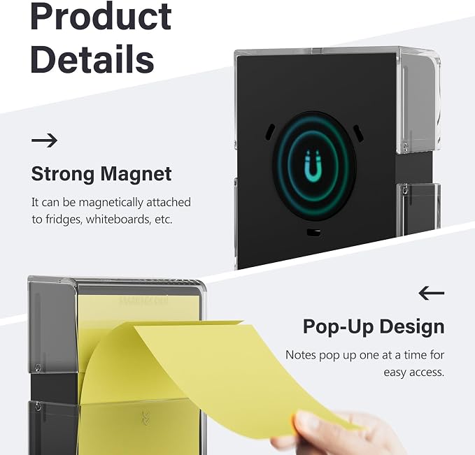 SMART&COOL Magnetic Pop-Up Note Dispenser for 3 x 3 in Accordion-Style Sticky Notes, Sticky Note Holder for Fridge, File Cabnets or Office Supplies, 1Pack, Clear & Black (Notes Not Included)