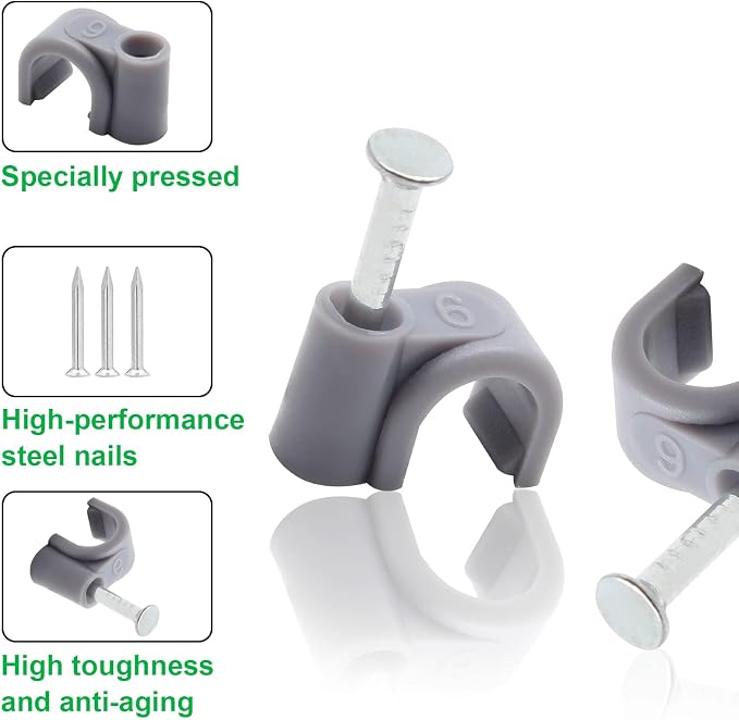 1/4" / 6mm Half Clamp J-Hook Cable Clips with Nail, Gray, 200pcs | Nail in Cable Clips, Ethernet Cable Nails Tacks Clips