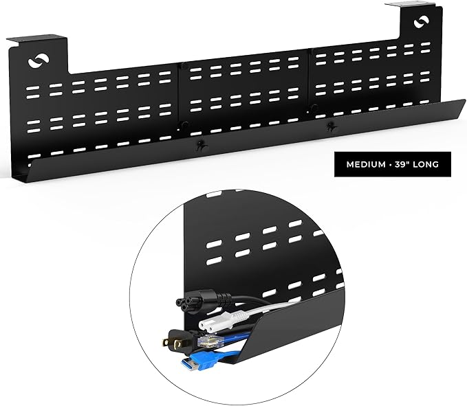 HumanCentric Under Desk Cable Management Tray and Computer Cord Raceway, Underdesk Cord Organizer, Standing Desk Cable and Wire Management, Heavy Duty, Included Straps, Medium, Black