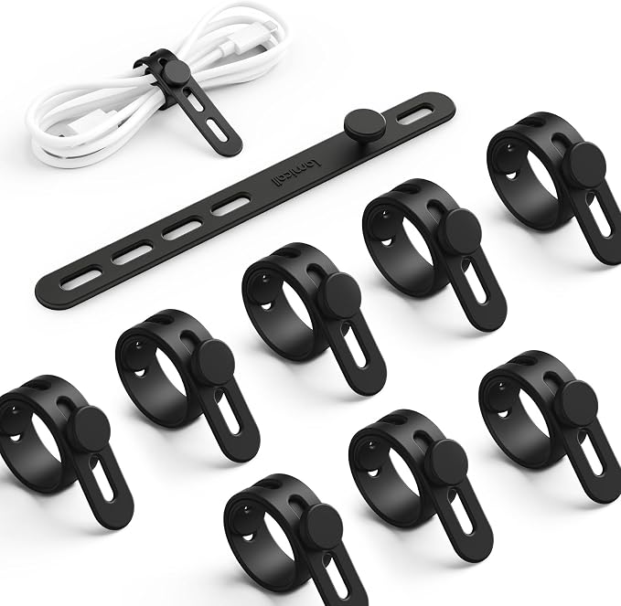 Lamicall 10Pack Silicone Cable Ties Cord Organizer - Reusable Cord Management Wraps, Stretchy Rubber Charger Cable Strap Ties, Skin-Friendly Electrical Wire Keeper for Travel, Home Office Accessories