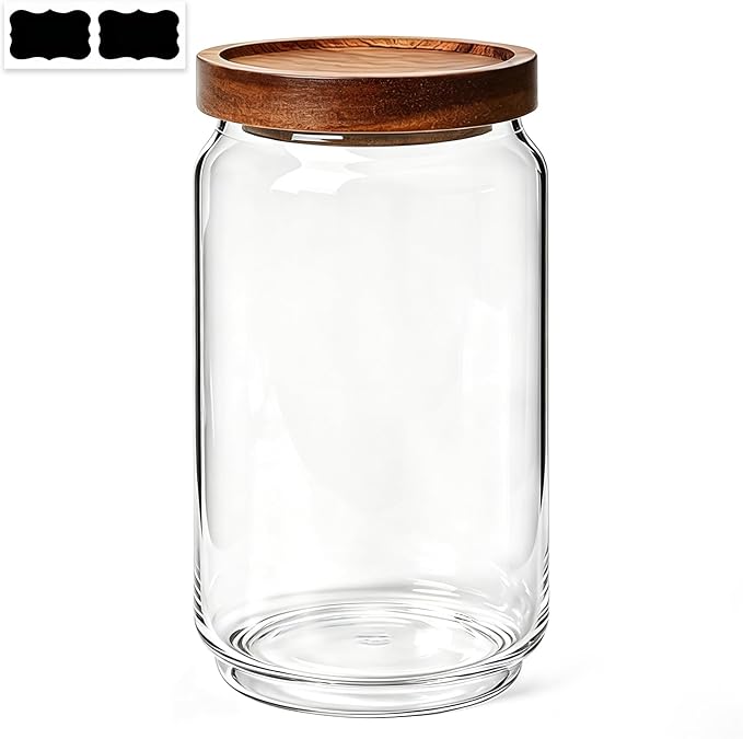 ComSaf Glass Jar with Acacia Wood Lid 34oz 1Pack, Food Storage Container | 1L Canister, Oats Coffee Sugar Pasta Candy Cookies Nuts, Kitchen Pantry, Decorative, Countertop Display, Food-Grade, Label